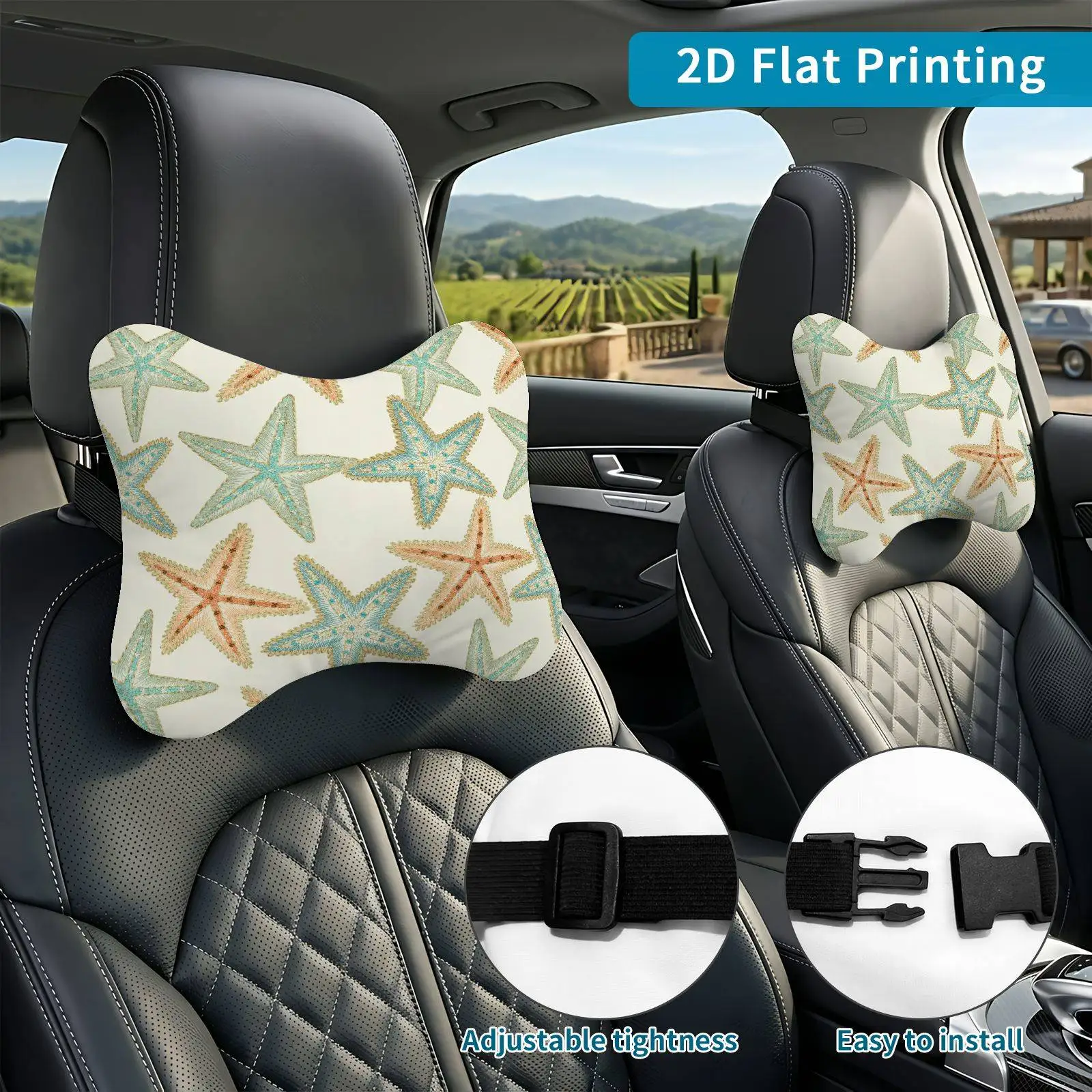 2pcs Starfish Sea Pattern Pastel Car Seat Headrest, Neck Support Cushion, Suitable For All Seasons Of Car Additions, Ocean Theme