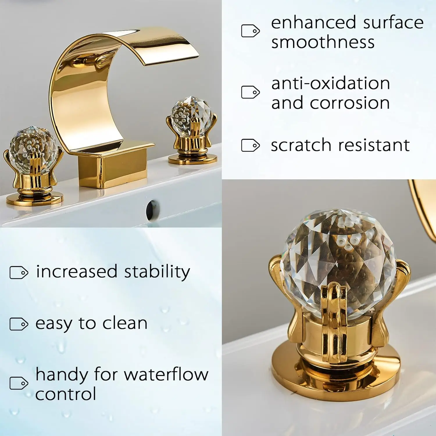 KEMAIDI Bathroom Faucet Dual Crystal Knobs Polished Gold Widespread  Vanity Basin Mixer Tap Bathtub Filler Faucets for Bath Sink