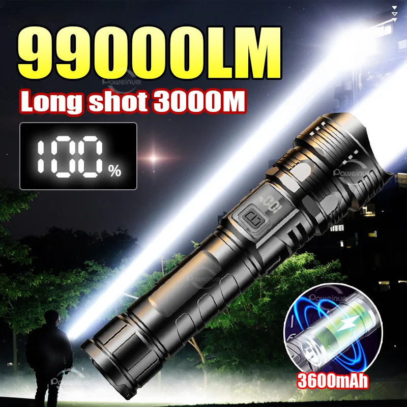 Powerful LED Flashlight Ultra Bright Tactical Light Emergency Spotlight Long Range Zoom Torch Fishing Lamp With Built-in Battery