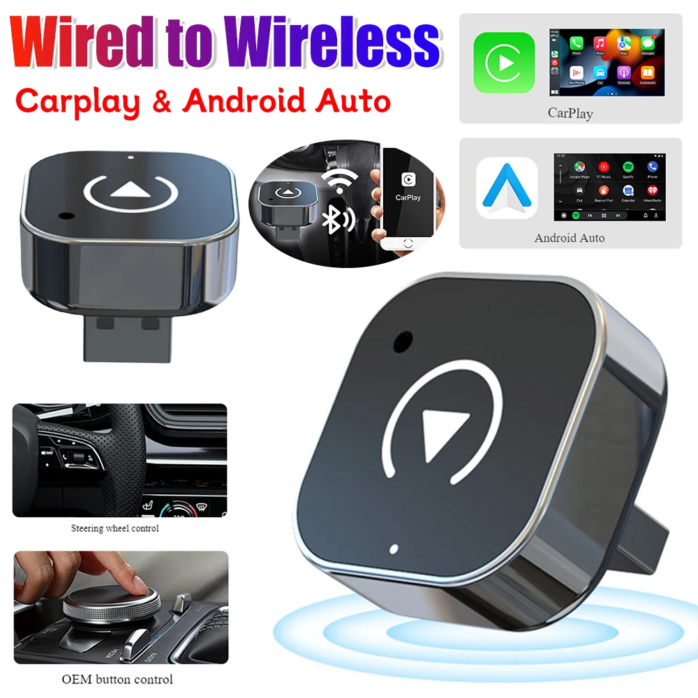 

Беспроводной адаптер 2-в-1 для CarPlay и Android Auto, AI-бокс CarPlay, автоматическое подключение, беспроводной адаптер CarPlay для автомобилей с заводской проводной системой CarPlay