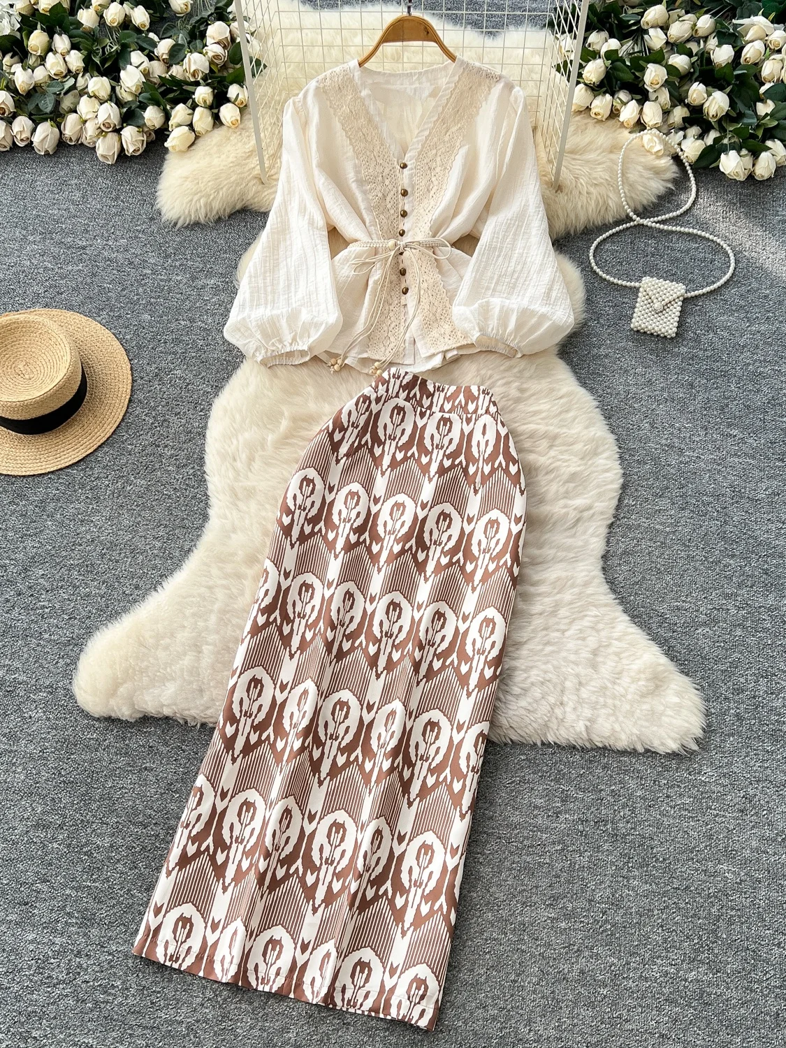 

Ele Embroidered irt And High Waist Printed f Skirt Set Women's Faion Autumn Wear Lantern Sve Tie Waist Design