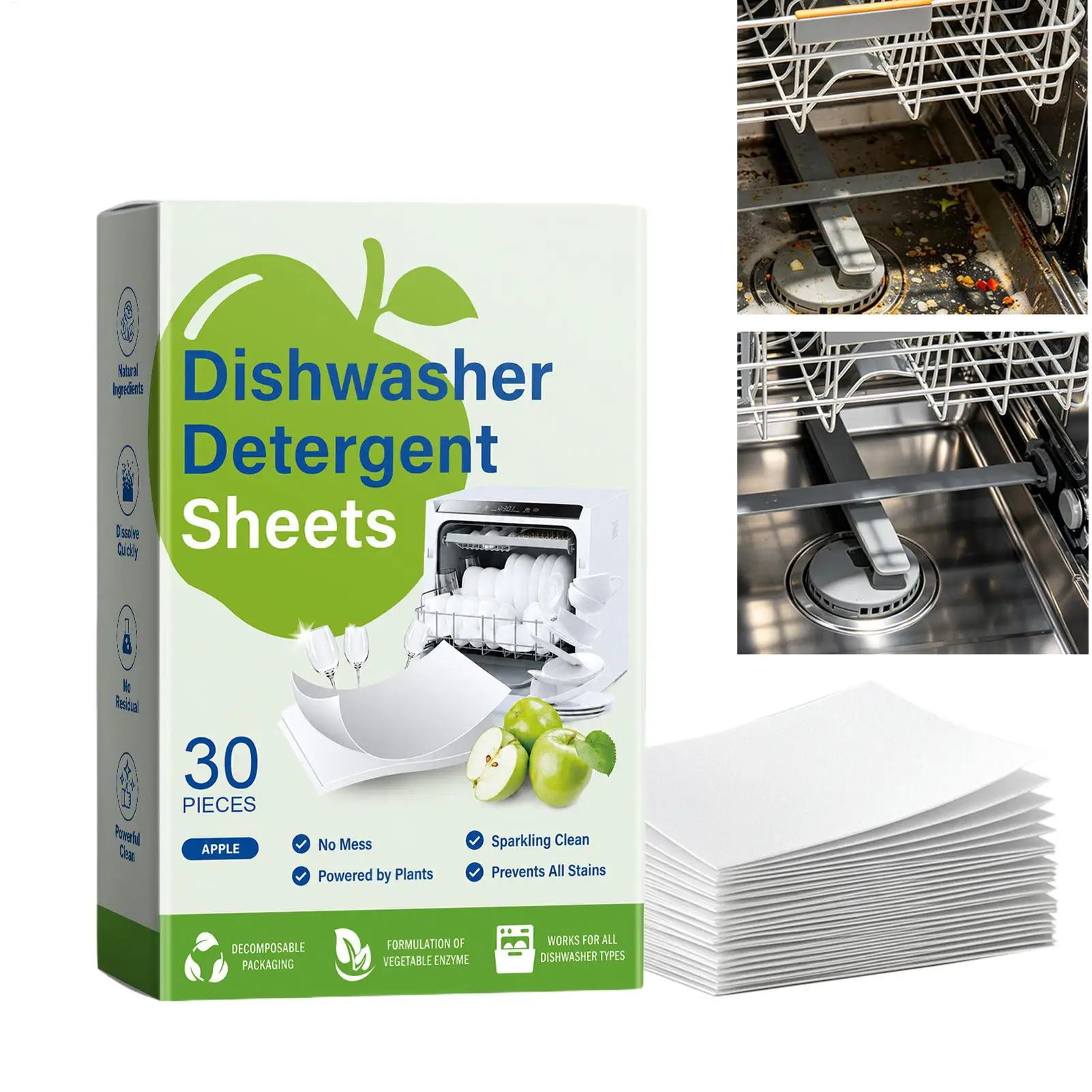 Dishwasher Detergent Sheets 30 Count Powerful Cleaning Eco Friendly Plastic Free Dissolving tablets For Kitchen Restaurant Dorm