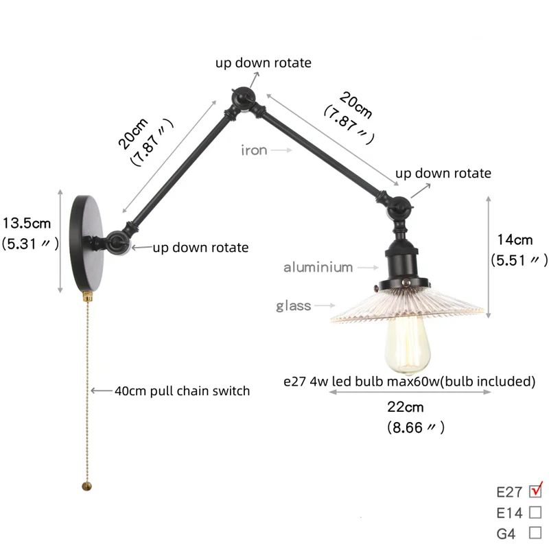 IWHD Long Swing Arm Wall Light Fixtures Clear Glass Dining Living Room Cafe Black Industrial Loft Pull Chain Switch Bedside Lamp