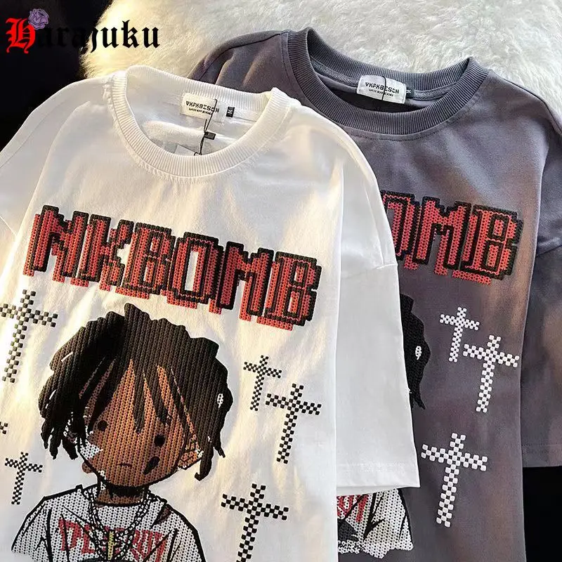 

Summer Oversized T-Shirt Retro Cartoon Print Short-sleeved T-shirt Men's Couple Anime Versatile Casual Harajuku Tees Tops