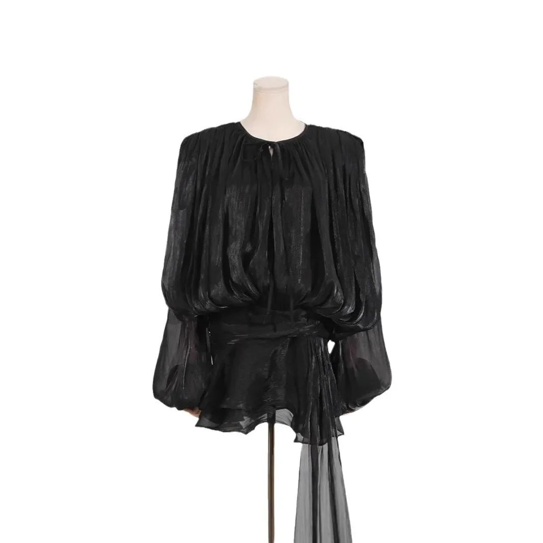 

Elegant Ruffles Lace Up Dress Women Loose V Neck Long Sleeve Pleated Mini Dresses Spring Summer New Lady Robes Sexy Dress