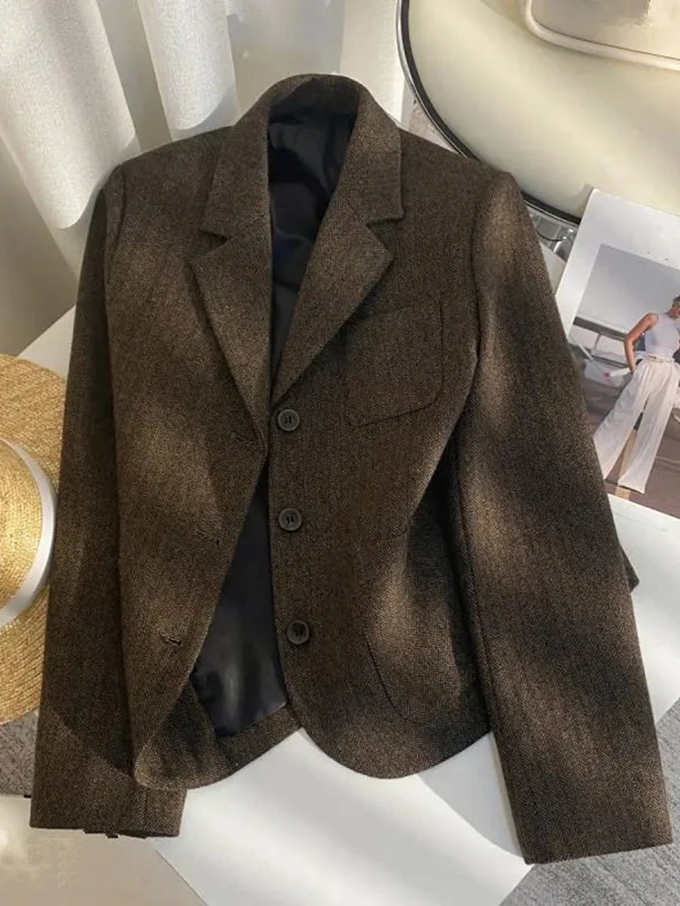 Jmprs inverno falso lã blazer feminino vintage fino manga longa harajuku terno casaco casual americano retro simples café outwear