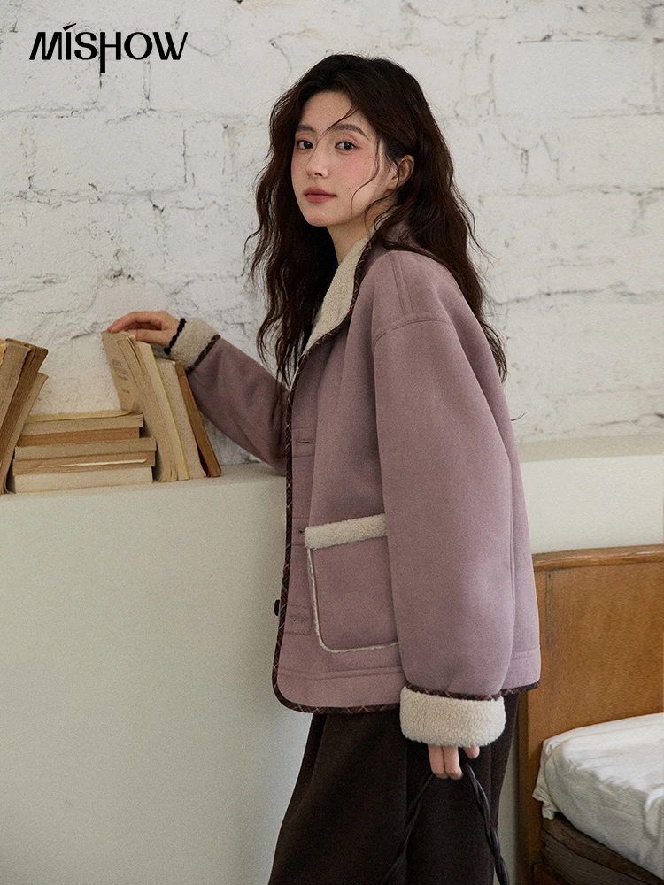 MISHOW Cappotti viola da donna 2025 Inverno di lusso Colletto rovesciato Giacca double face Decorazione tascabile Giacca antivento MXE87W0940