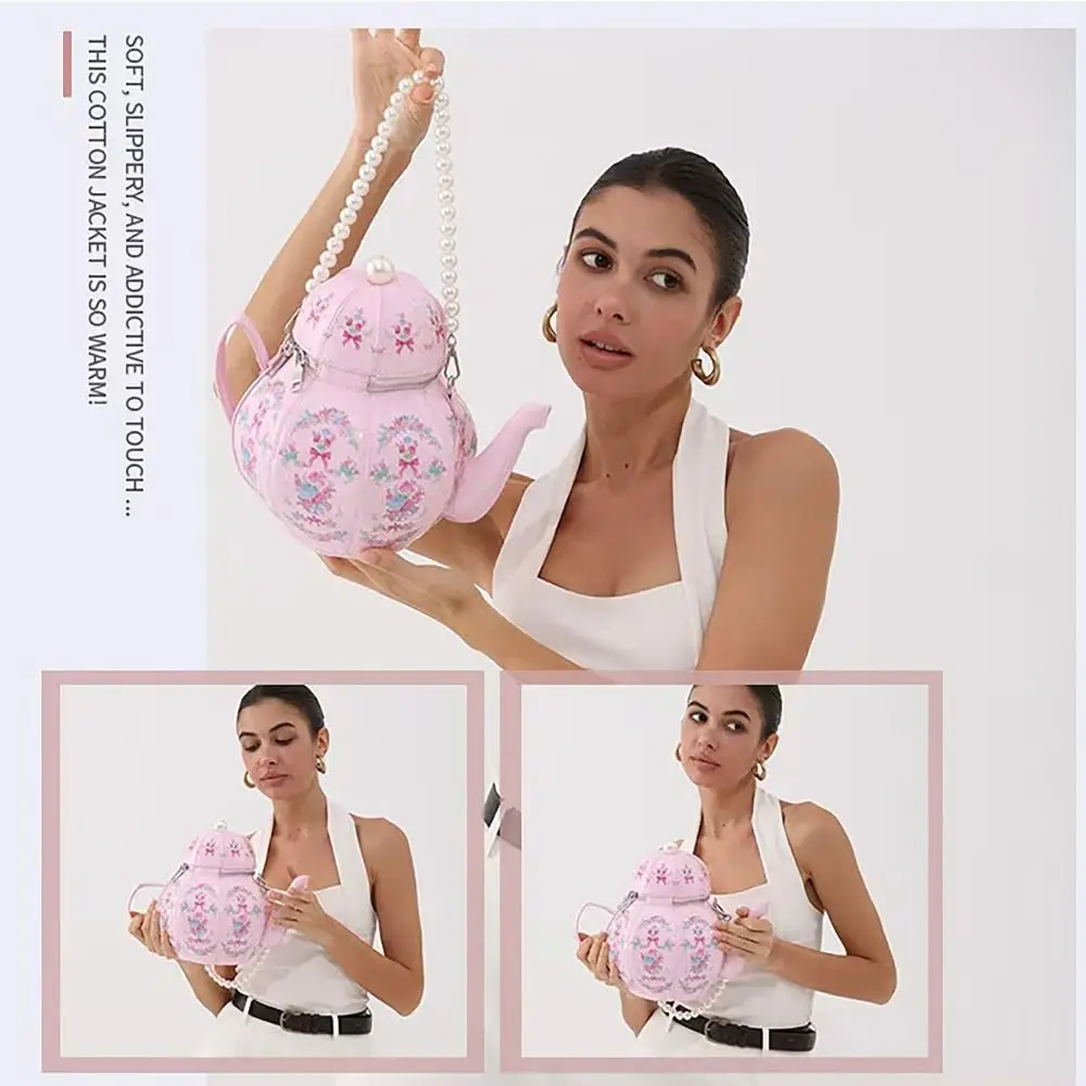 New PU Leather Teapot Design Handbags Personality Creative Buckets Bag Luxury Pearl Chains Purse for Girls for Women view 3