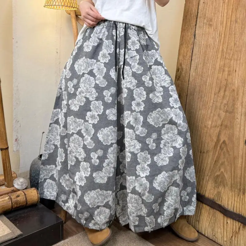 Summer New Arts Style Women Elastic Waist Loose Length Pants Vintage Floral Print Cotton Linen Wide Leg Jeans High Quality TH79