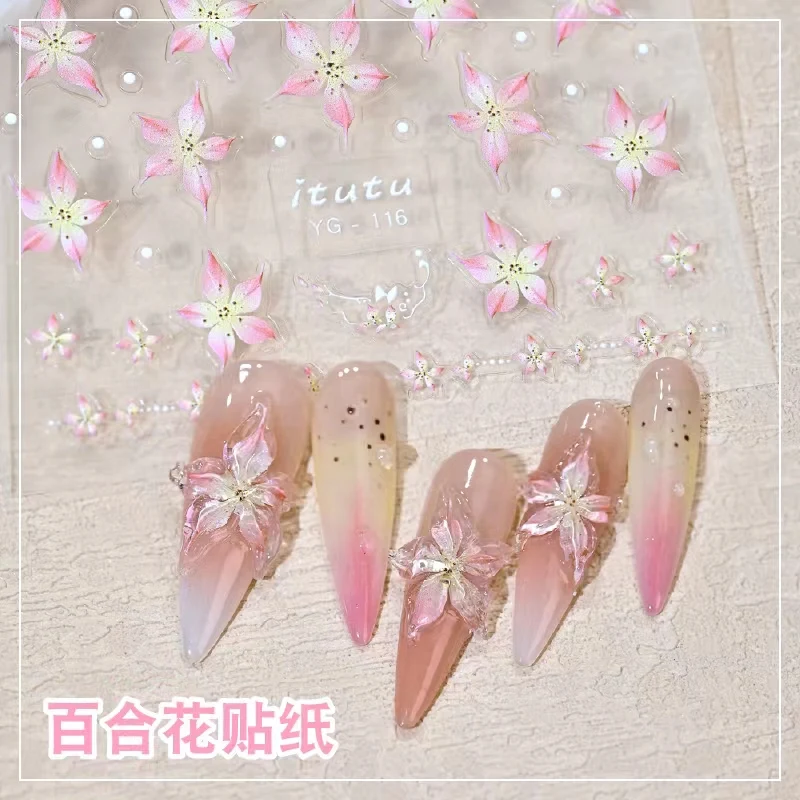 Lily Flower Summer Stickers Jelly Nail Art Decorations 5D Sticker Nail Decals Acrylic Adhesive Gel Sliders Manicure Accessories