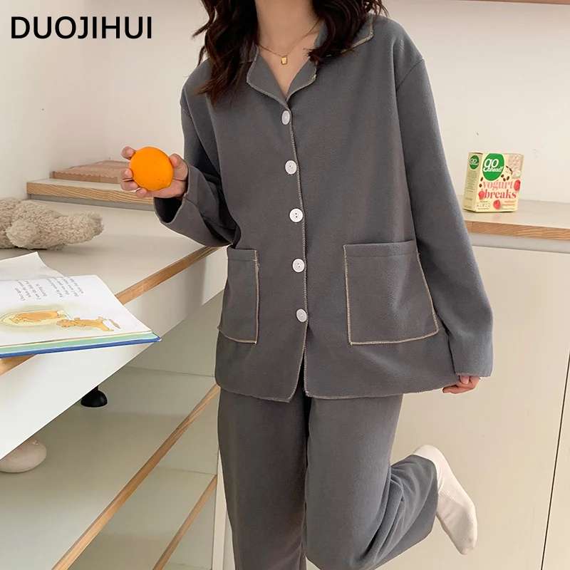 DUOJIHUI Ins Solid Color Thick Warm Pajamas for Women New Chic Single Breasted Long Loose Casual Pant Fashion Female Pajamas Set