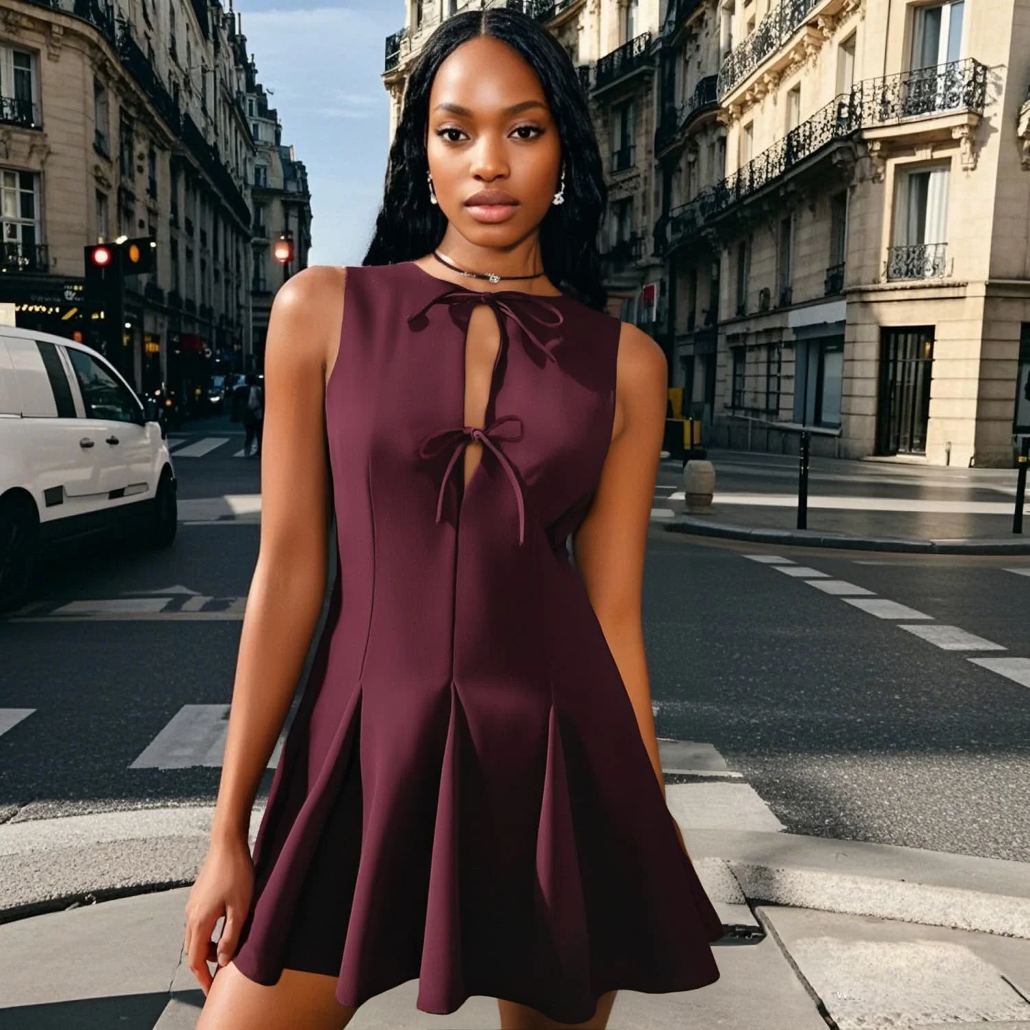 

2025 Myst&Za Women's Summer New Dress Round Neck Bow Tie Hollow Wide Skirt Design French Sweet Mini Skirt