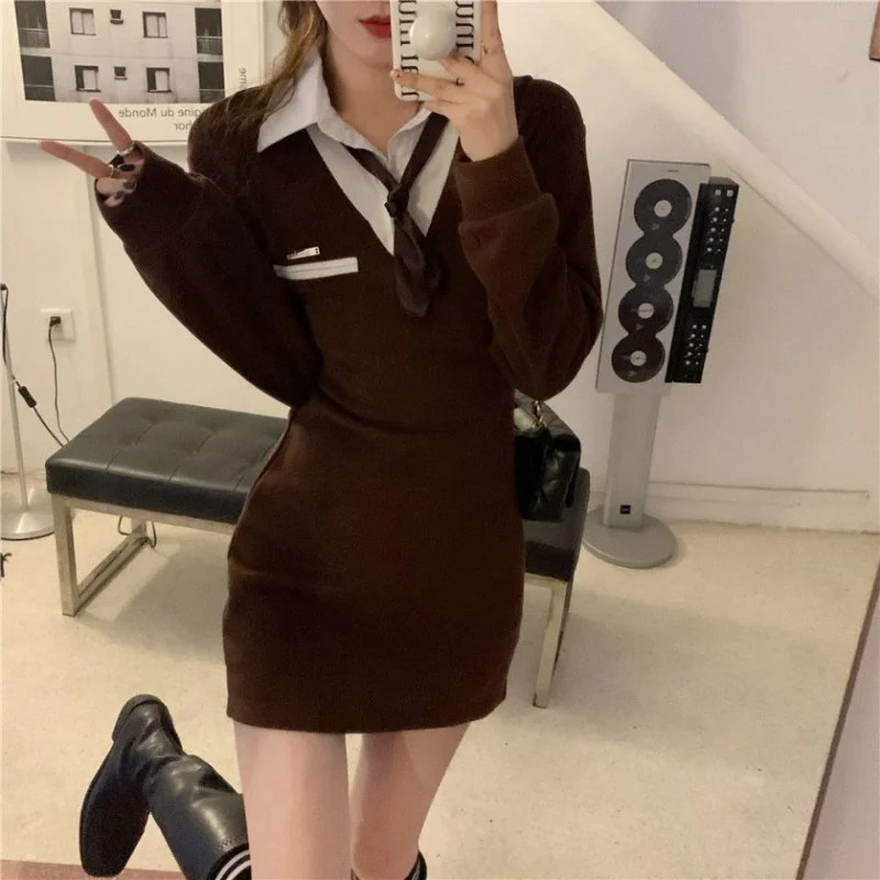 Women Korean Fashion Preppy Style Patchwork Fake Two-piece Shirt Dress Y2K Sexy Sweet Female Long Sleeve Bodycon Club Mini Dress