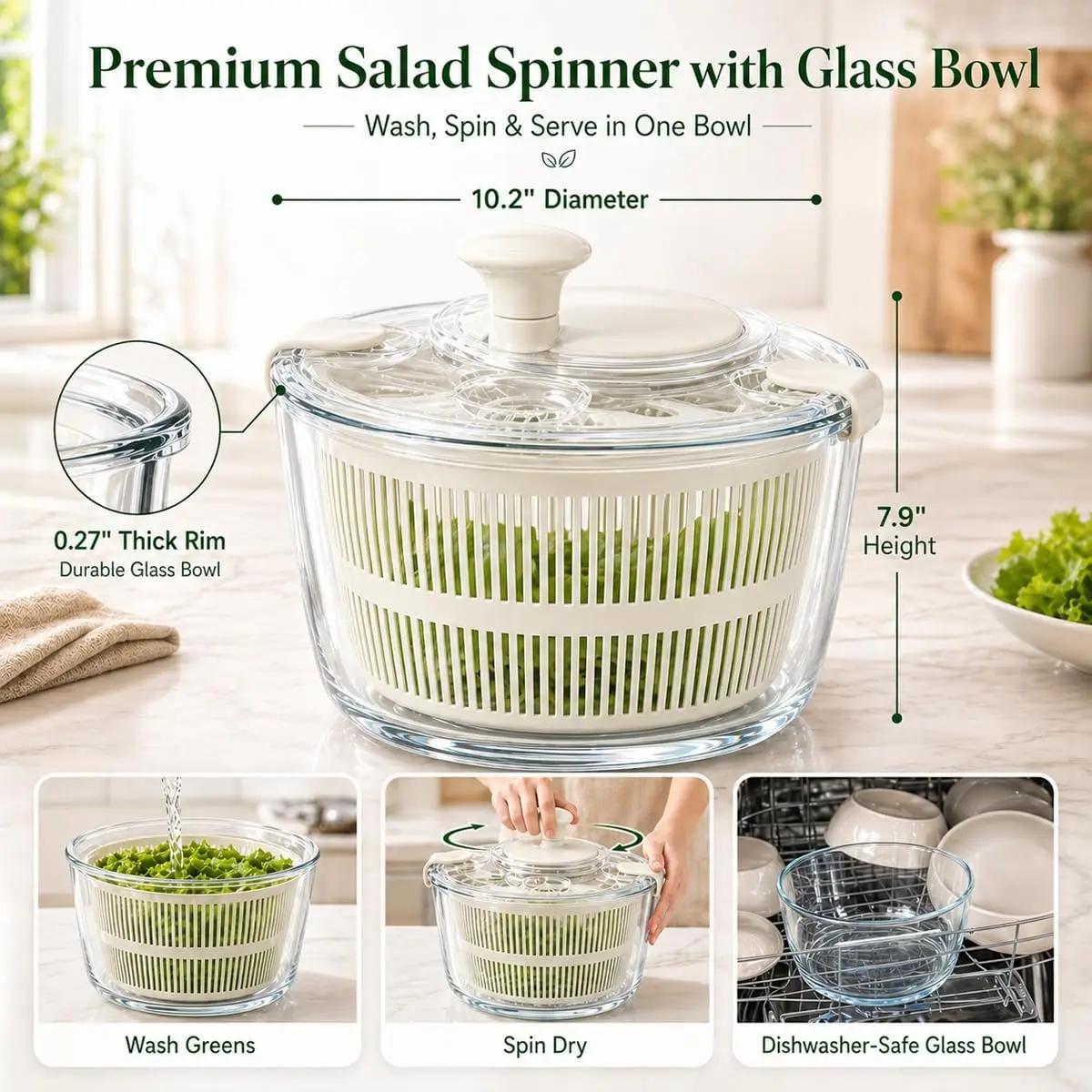 Large 5.2 Qt Glass Salad Spinner With Drain, Off-White | Microwave- And Dishwasher-Safe Glass Bowl, Transparent Lid, Crank Handl