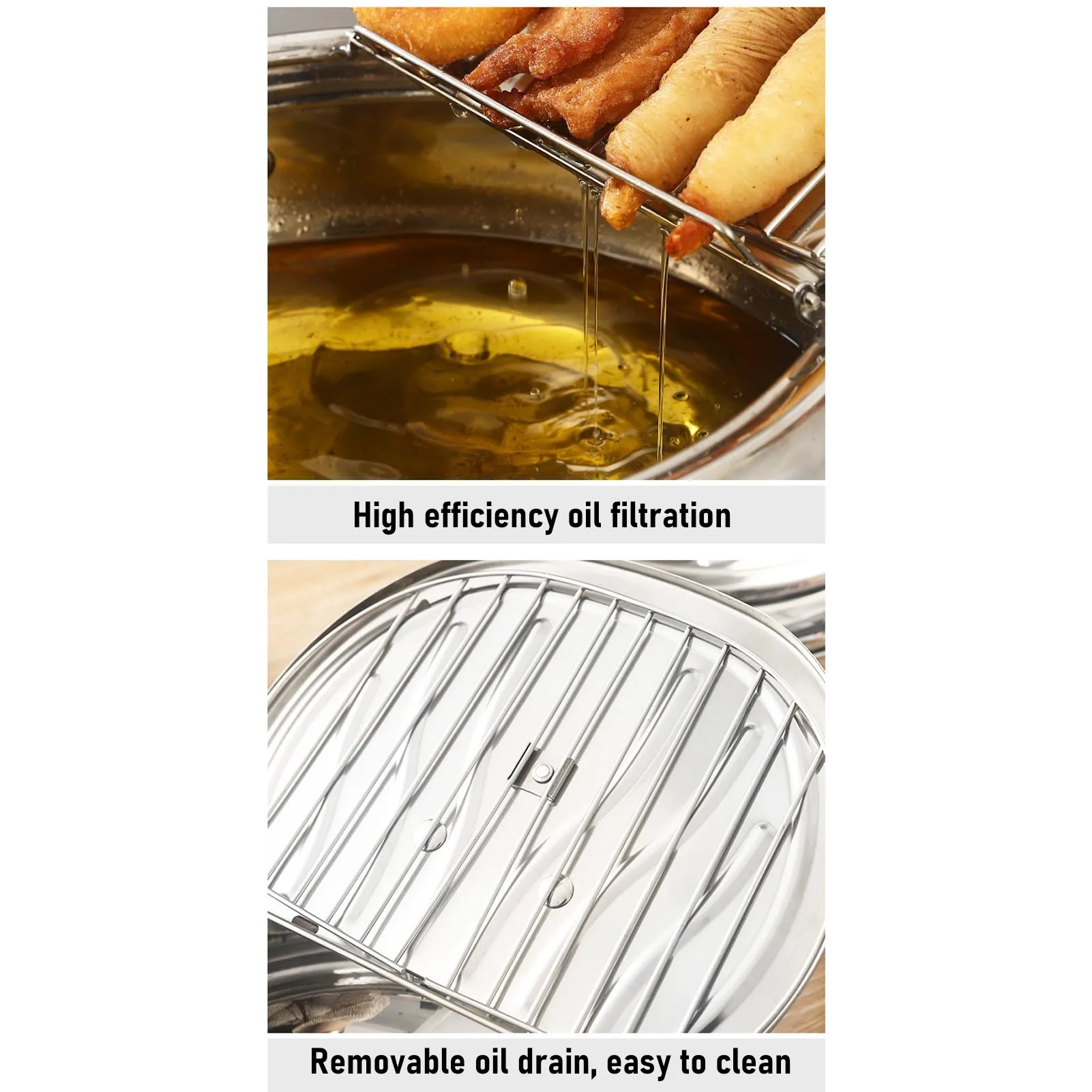 وعاء قلي مزدوج الأذن 3.2 لتر 201 وعاء مقلاة من الفولاذ المقاوم للصدأ مع مقياس حرارة رف تجفيف الزيت لوعاء المقلاة Tempura #6