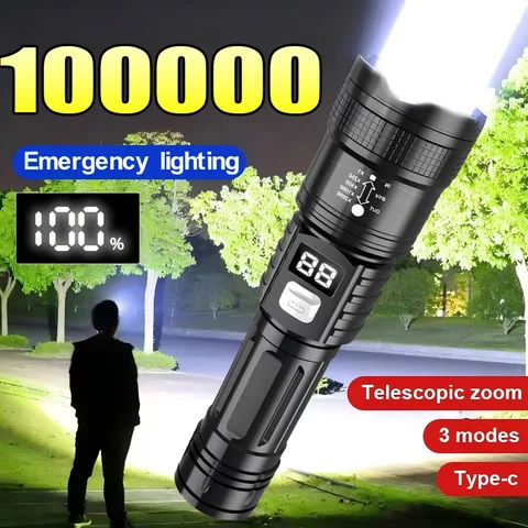 100000 High Power Led Flashlight Powerful USB Rechargeable Lantern Telescopic Zoom Torch For Outdoor Camping Hiking Fishing Lamp