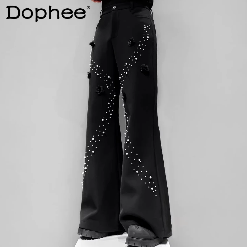 

Fashion 3D Floral Pearl Slightly Flared Men's Trousers 2026 Spring New Fashion Loose Comfort Trousers Trendy Wide-Leg Long Pants