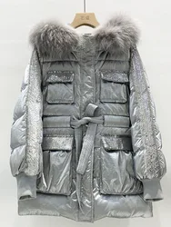 New Winter Women Sequined White Duck Down Coat Real Raccoon Fur Collar Female Bright Short Puffer Jackets Thickened Outwear 2023