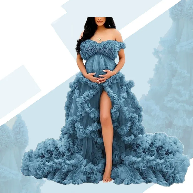 Maternity Dresses for Photoshoot Ruffles Tulle Pregnant Photo Gowns Baby Shower Off Shoulder Front Slit Bridal Sleepwear Robe