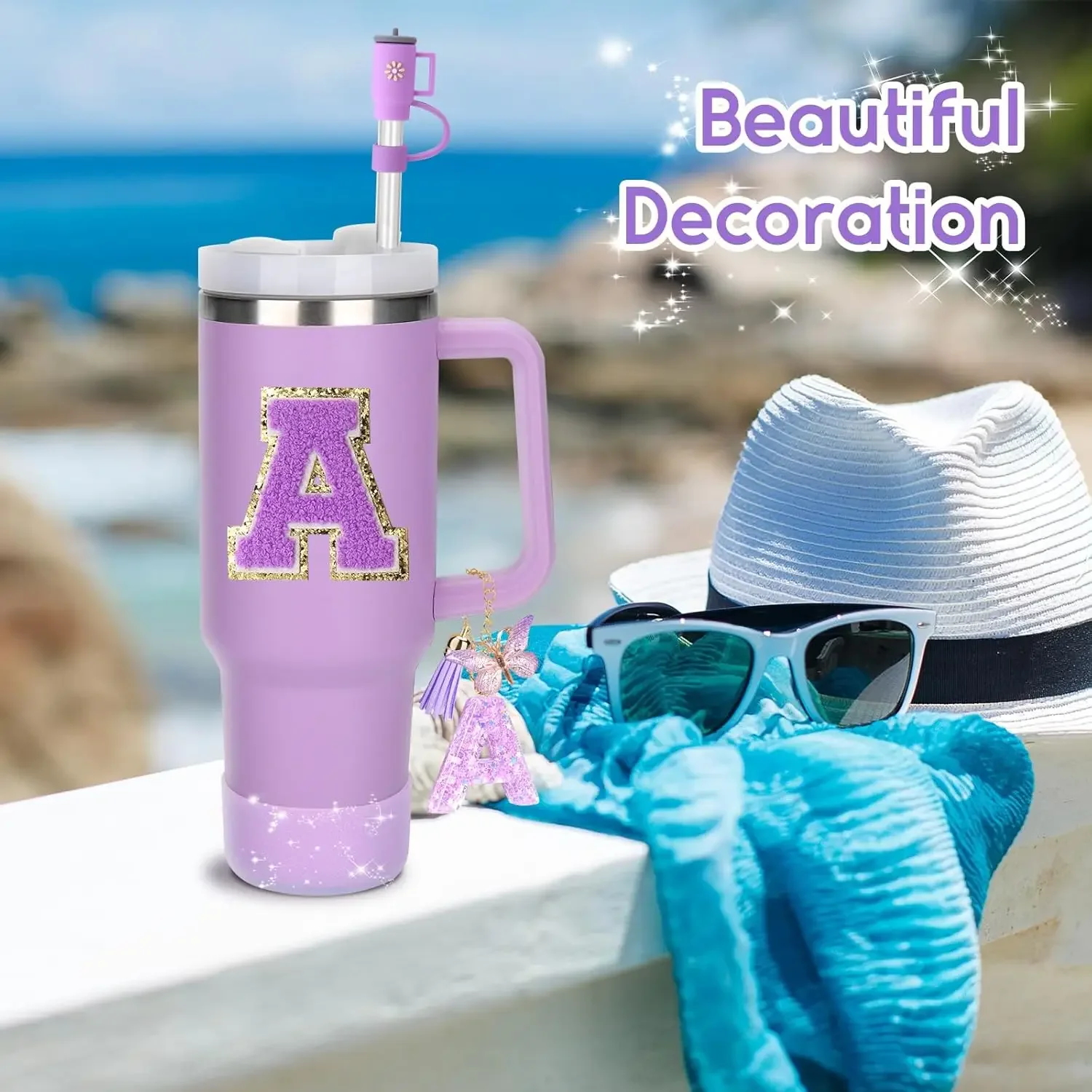 Conjunto de 8 Acessórios para Copo Roxo de 30oz e 40oz: Tampa de Silicone para Canudo, Protetor de Base, Alça, Pingente e Adesivo de Iniciais