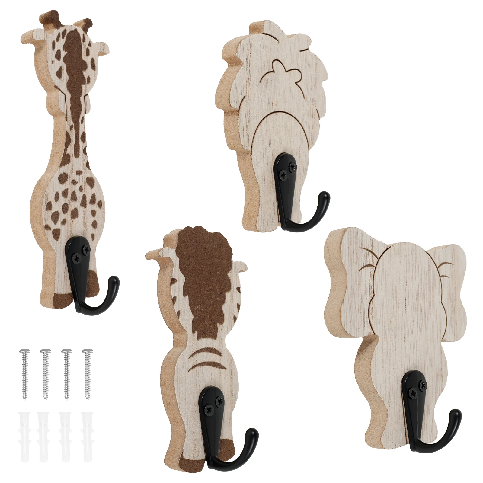 4-teiliger dekorativer Wandhaken aus Holz mit Cartoon-Tieren, kreativer Kinder-Wandhaken, praktischer niedlicher Handtuchhalter für Zuhause, Badezimmer, Schlafzimmer
