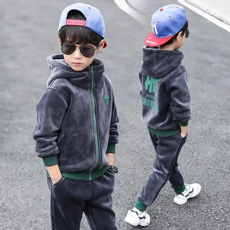 New Double-Sided Plush Boys Clothing Set Autumn Winter Warm Letter Suit For Kids 3-10 Years Children Clothes