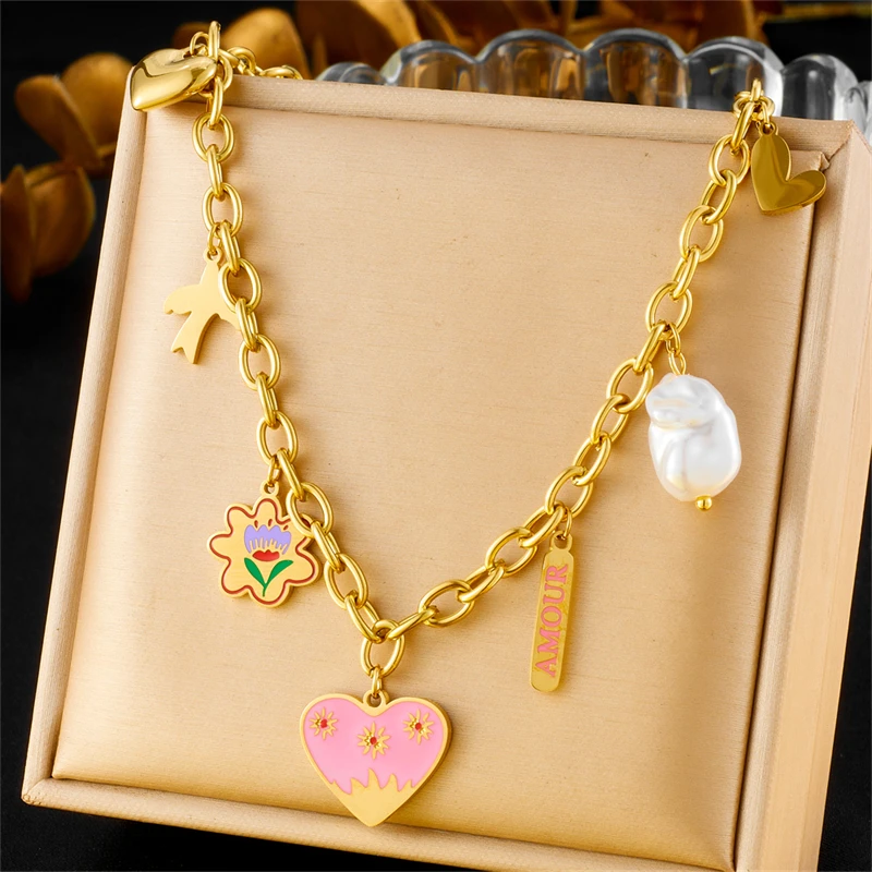 LAMENGLY 316l Stainless Steel Heart Flower Pendant Necklace For Women Trendy Romantic Girl Clavicle Chain Valentine\'s Day Gifts
