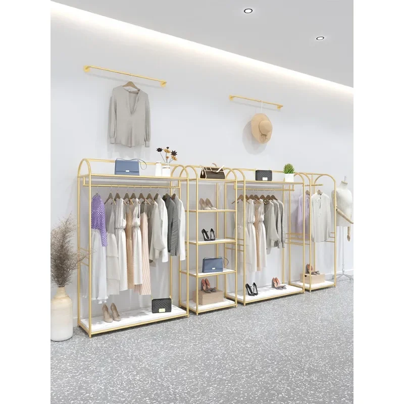 Wrought iron shelves Floor-to-ceiling windows Clothing store display racks Multi-layer bags Shoes display racks Women's