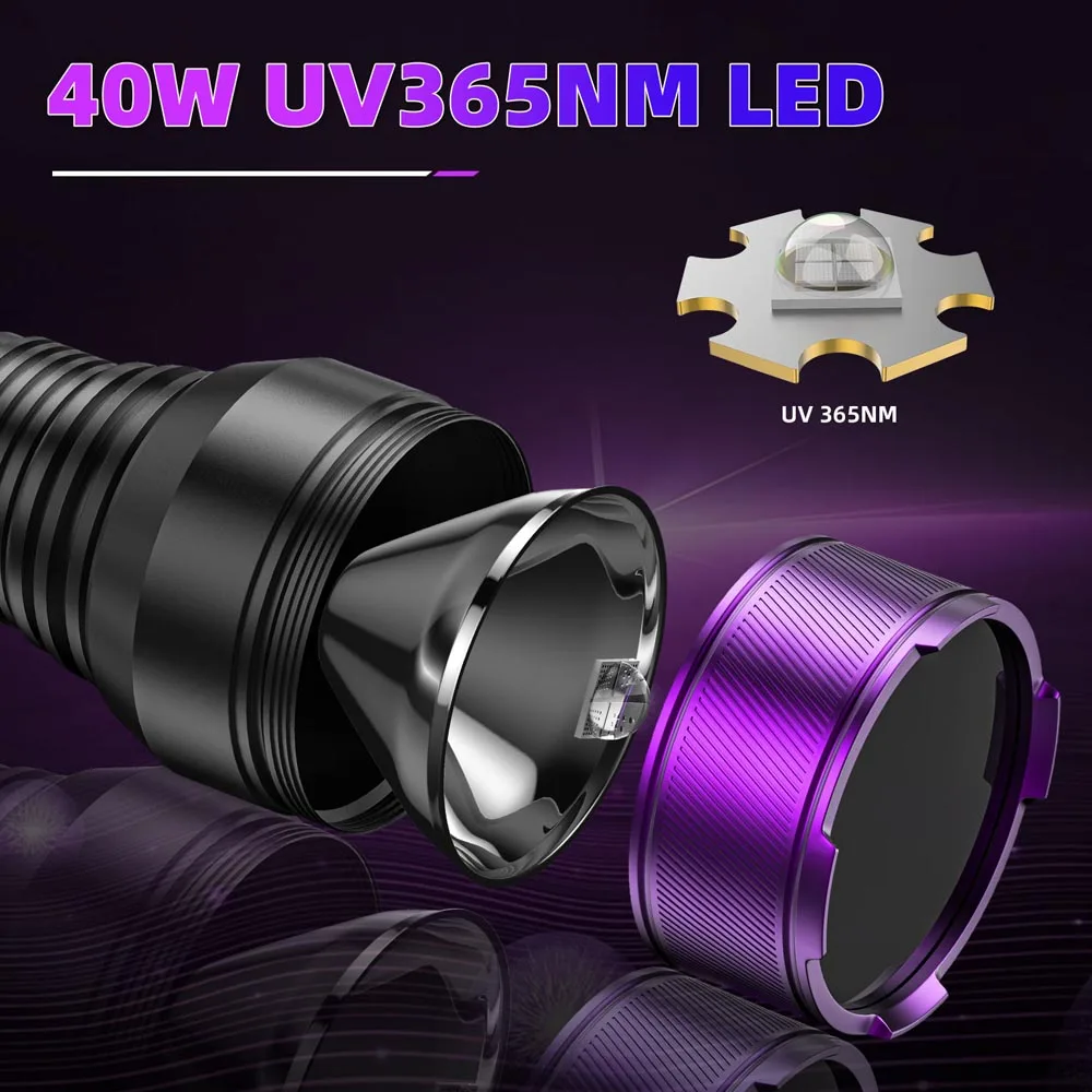Powerful 40W 4-core 365NM UV Flashlight High Power Black Mirror Purple Light Detection Torch 21700 Rechargeable Check Lamp