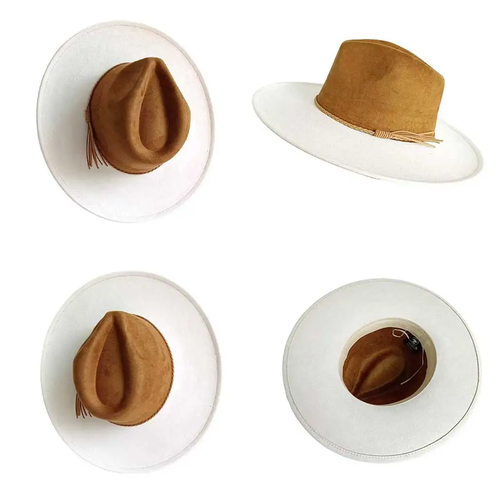 

Веганская замшевая двухцветная фетровая шляпа-федора с широкими полями и аксессуаром в виде ремня с сердечком для мужчин и женщин