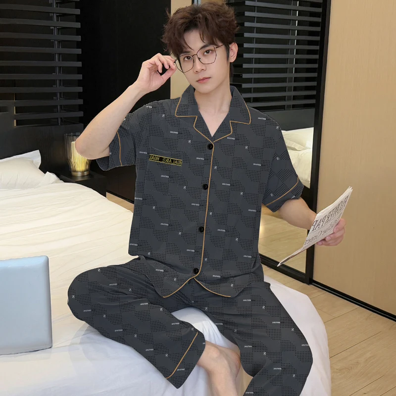 Plus Size Men's Open-Front Short Sleeve Loungewear Suitable for Teenagers and School Students Pajamas Four-Season Sleepwear