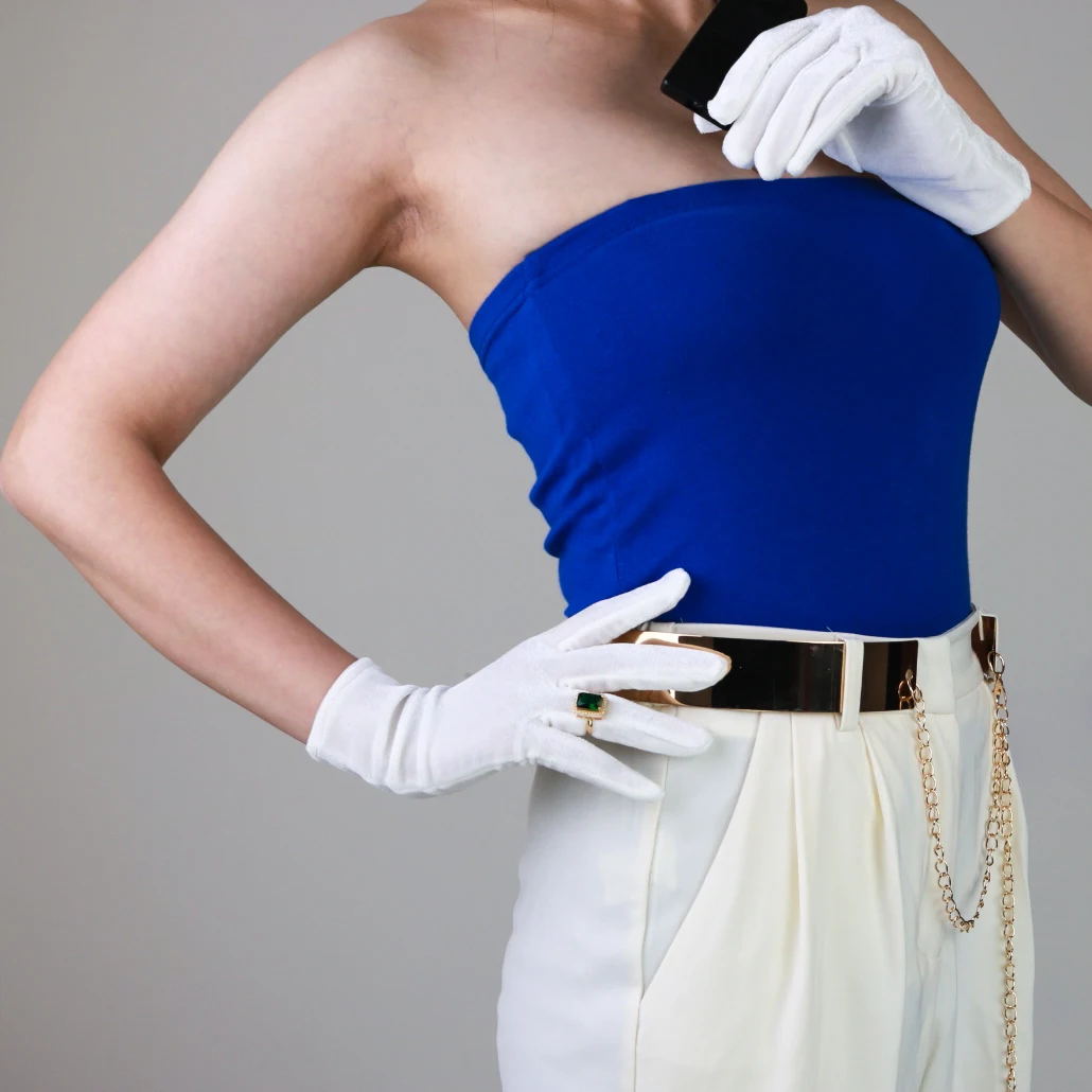 22 cm lange Samthandschuhe für Damen, elastischer Velours, Flanell, weiß, thermisch, elegante Armstulpen, sexy Vintage-Mode, 1920er Abendmode – Detail 3