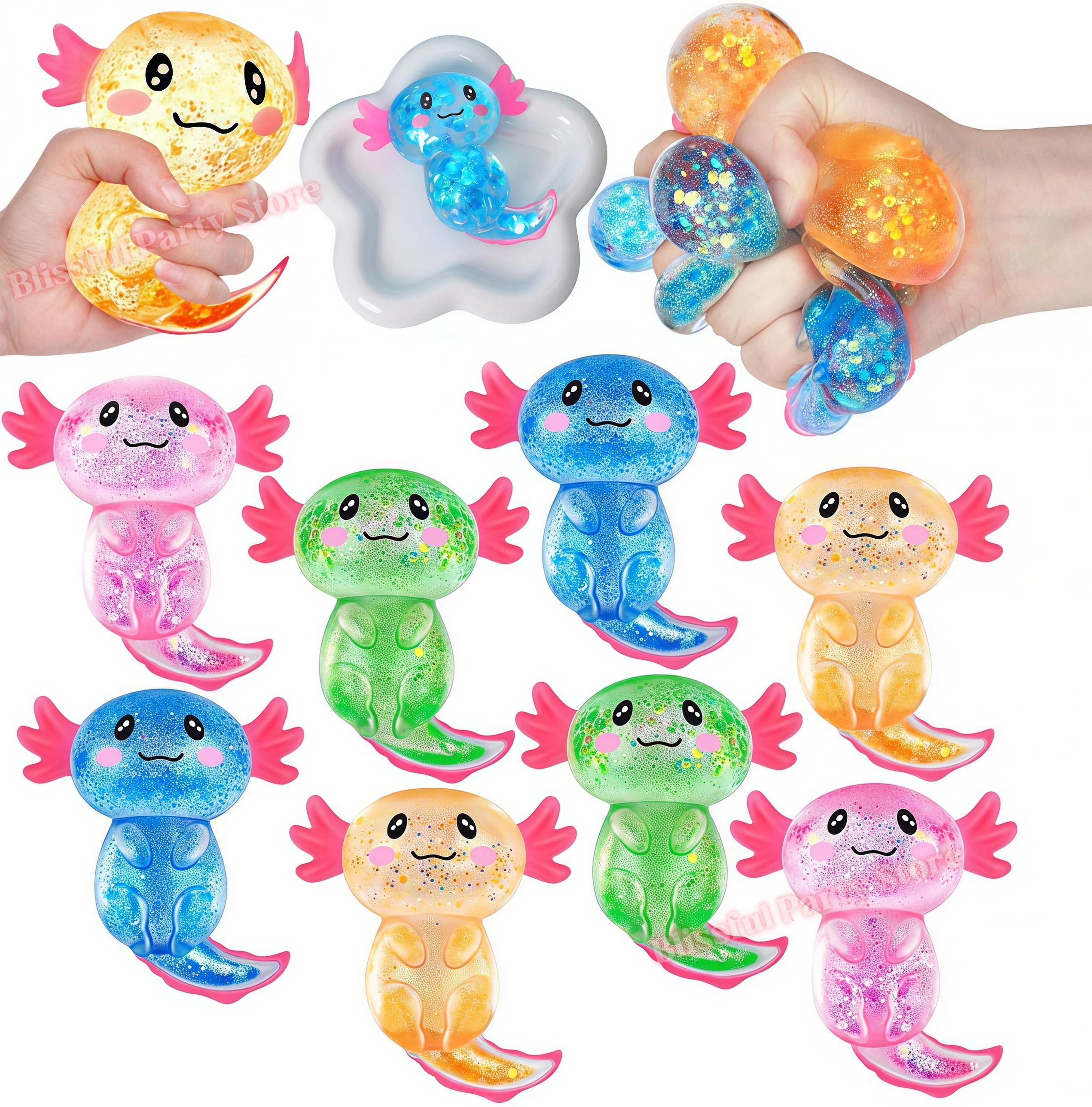 Axolotl Squishy Stressabbau-Spielzeug mit Glitzer, Maltzucker-Axolotl Fidget-Tool für Kinder, Beruhigendes Geburtstagsgeschenk, Party-Mitbringsel, Babyparty-Geschenk