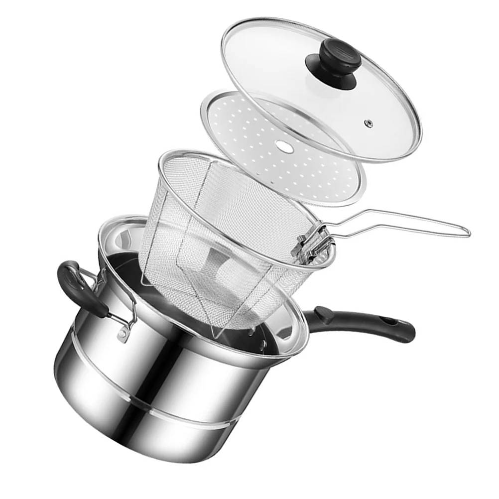 

Stainless Steel Fryer Small Milk Saucepan Pans Multifunctional Pot Chip with Basket and Lid Deep Strainer Handle Saucepans