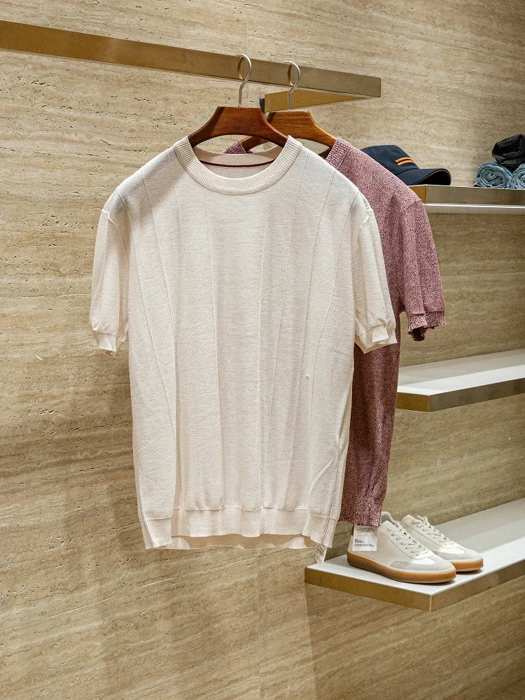 

Lyocell Linen Blended Old Money Casual Knitted Crew Neck Short Sleeve T-Shirt