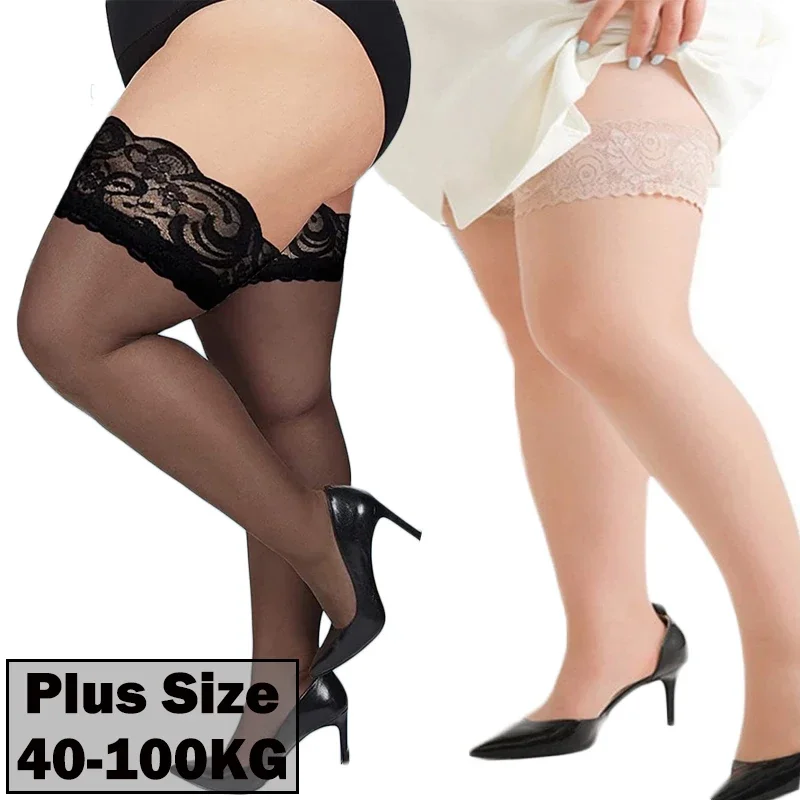 Plus Big Size Woman's Ultra-thin Lace Stockings Thigh High Stockings Silicone Lace Top Stay Up Silk Lace Socks