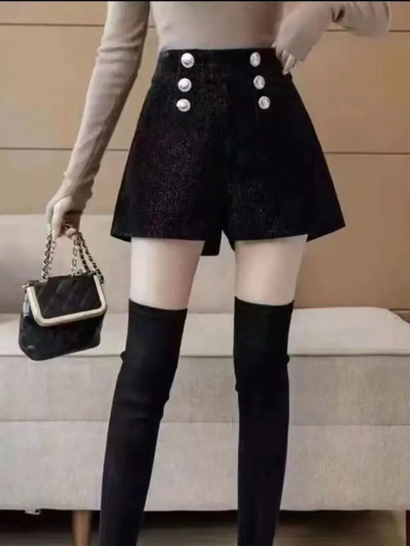 Spodnie damskie z cekinami, z wysokim stanem, rozkloszowane, z szerokimi nogawkami, do botków, jesienno-zimowe, nowe, eleganckie, z podwójnymi guzikami, w stylu koreańskim.