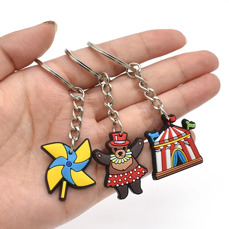 1pcs Circus Show PVC Rubber Keychain Clown Poker Magic Beast Domestication Amusement Park Cartoon Cute Style Keyring