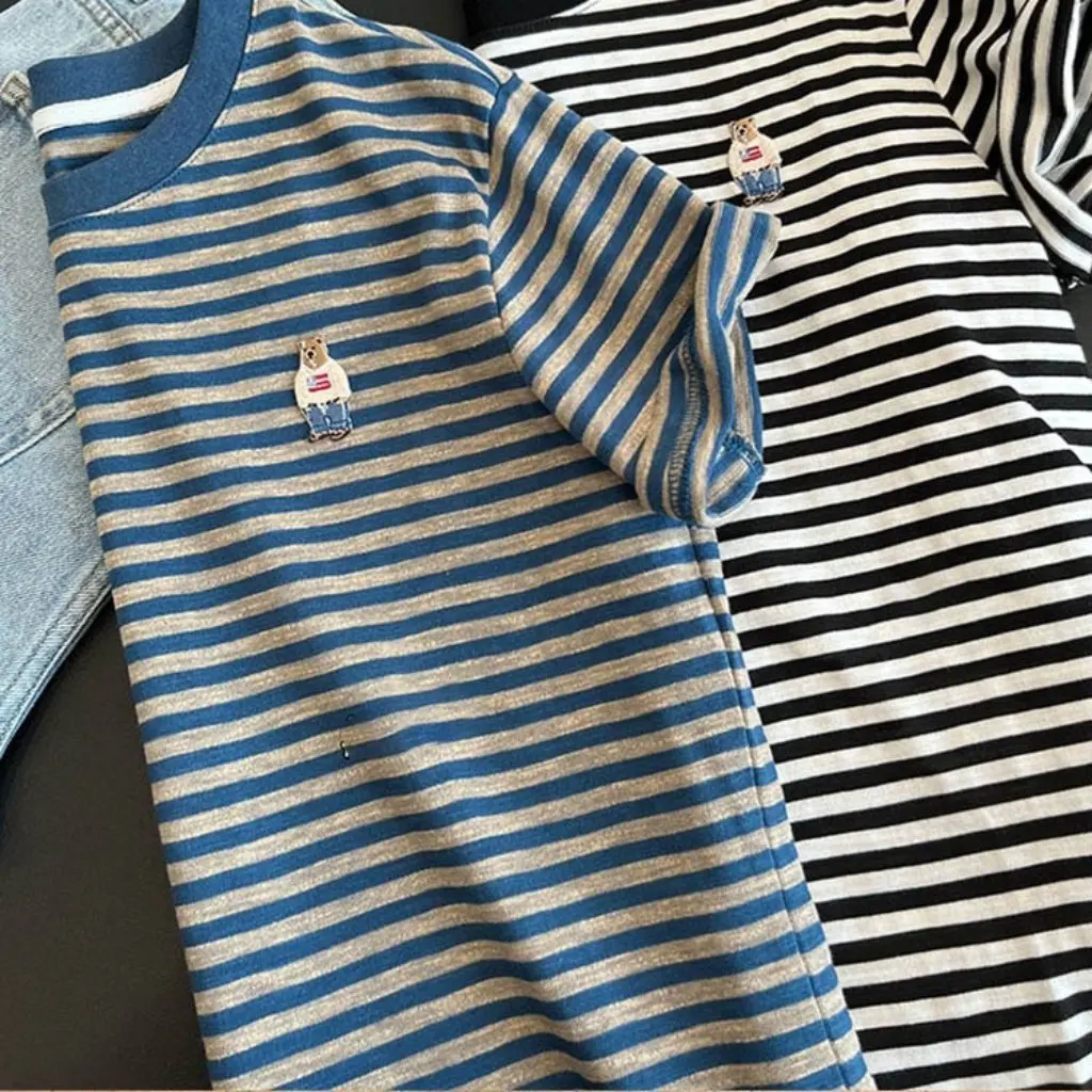

Women's Summer Casual Cotton Striped T-shirt Short-Sleeved round Neck Oversize Loose Top B339# New