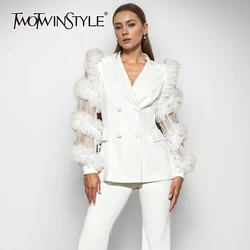 TWOTWINSTYLE Solid Patchwork Mesh Designer Blazers For Women Notched Collar Long Sleeve Spliced Button Temperament Blazer Female