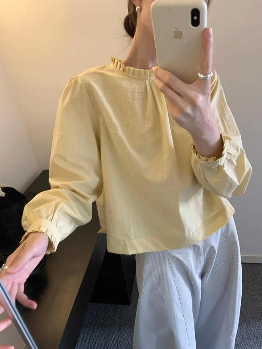 

Желтые нежные блузки Alien Kitty, женские повседневные осенние блузки с длинным рукавом, 2025 г., тонкие, свободные, шикарные, универсальные, минималистичные, однотонные, на каждый день