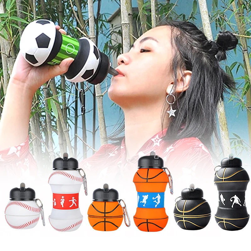 1 Liter Foldable Football Kids Water Bottles Portable Sports Water Bottle Football Soccer Ball Shaped Water Bottl Silicone Cup