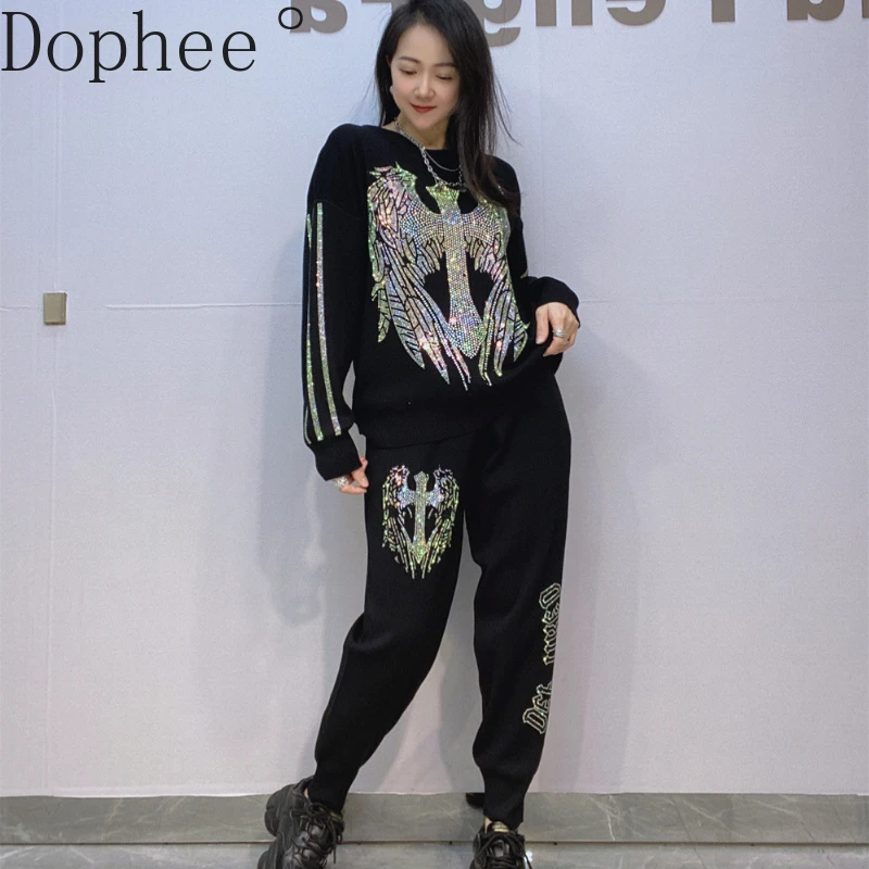 

2025 New Spring Women Knitted Hoodie Sets Shiny Wings Hot Drilling O-neck Sweater Top + Elastic Waist Casual Harem Pants Suits