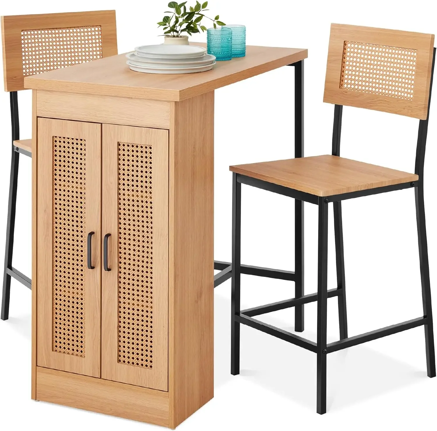 

3-Piece Rattan Dining Set, Counter Height Boho Dining Table for Kitchen, Dining Room w/Adjustable Storage Shelves, Cabinet Doors