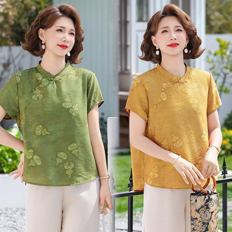 New Chinese-style Mother's Short-sleeved Stand Top Middle-aged and Elderly Women's Summer Wear Improved Cheongsam Collar Shirt