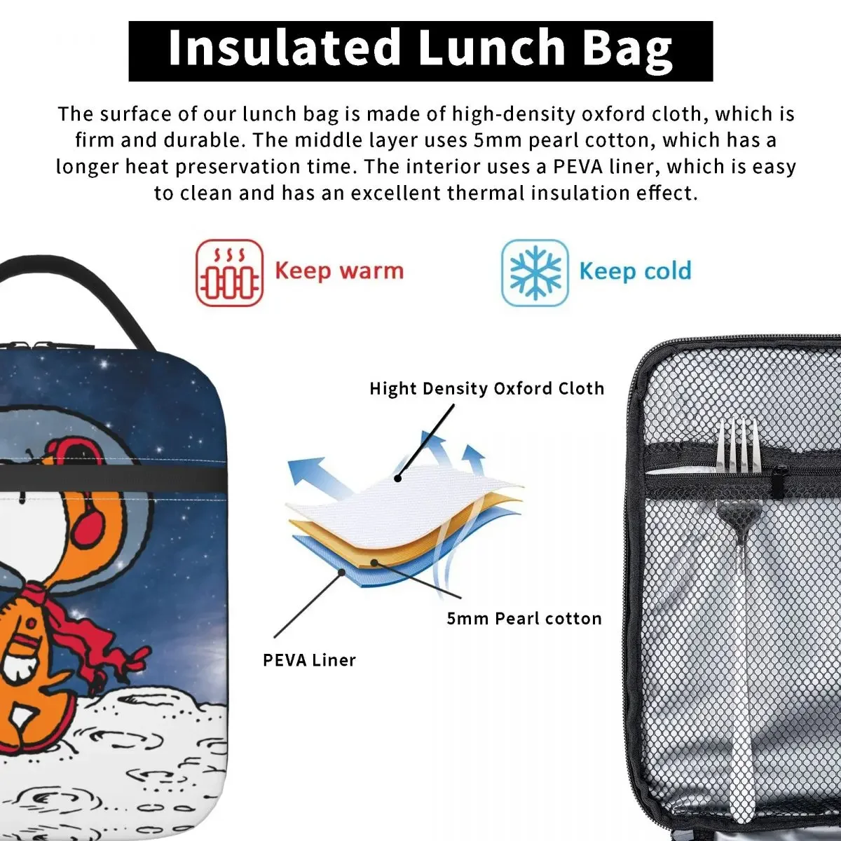 SPACE Snoopy Astronaut Cute Insulated Lunch Bag Leakproof Lunch Container Thermal Bag Tote Lunch Box Office Outdoor Men Women