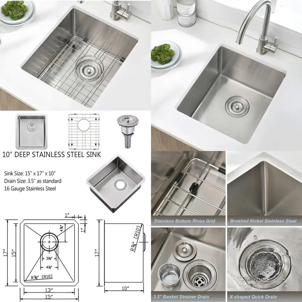 

Undermount Bar Sink Stainless Steel 15x17 Inches Small Wet Bar 16 Gauge SUS304 Brushed Nickel Single Bowl Outdoor Kitchen Sink