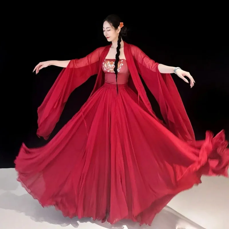 red-long-dance-coat-set-flowy-maxi-skirt-open-front-cardigan-chinese-performance-practice-gown-classic-dance-costumes