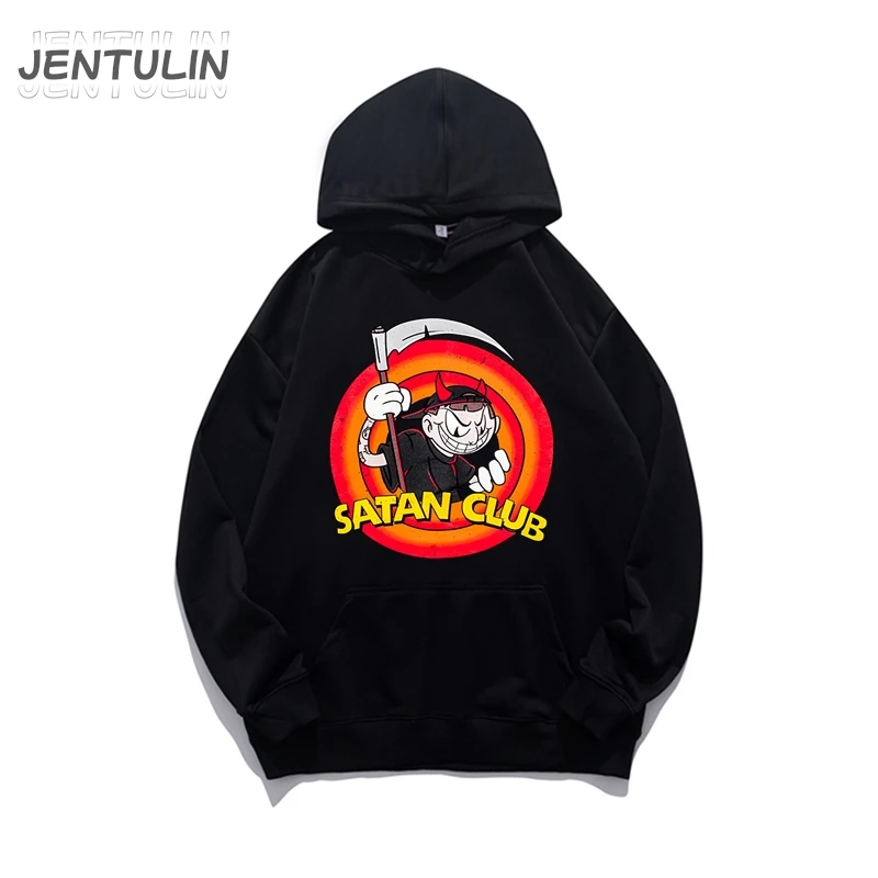 Streetwear Hip Hop Oversized Pullover Men's Clothing Hoodie Satan Club Graphic Print Hooded Sweatshirt Winter Y2K Top Goth Retro