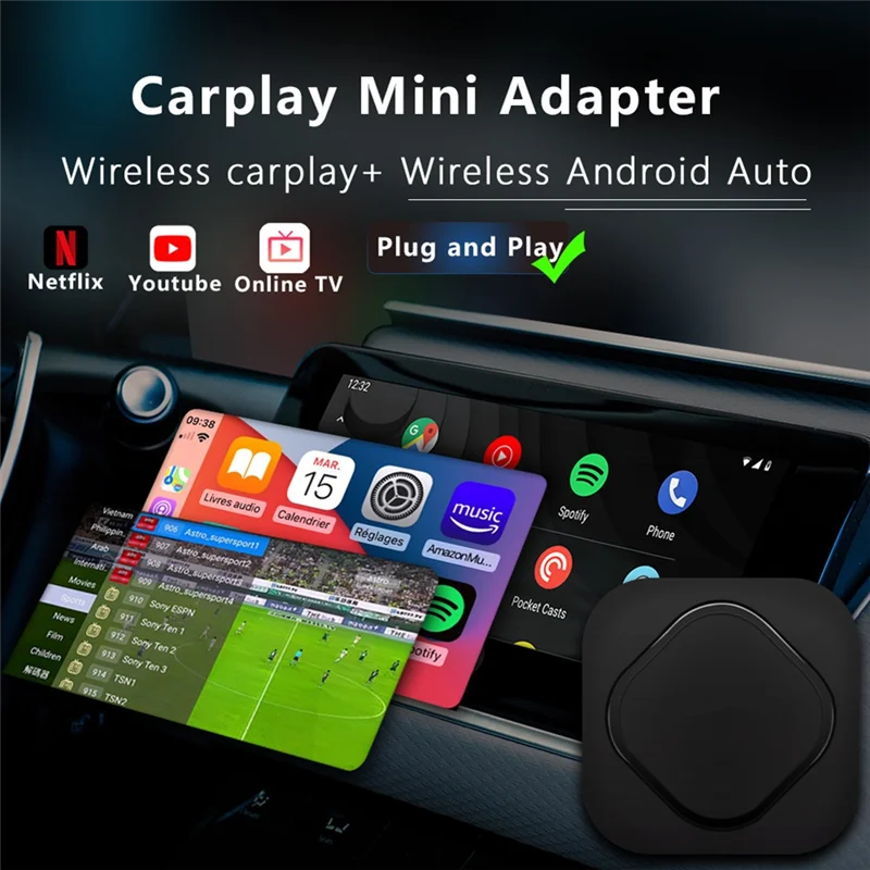 Wireless CarPlay Ai Box Wireless Android Auto Adapter Upgrade GPS TV Live, Global TV Channel , Output ,USB Disk Play